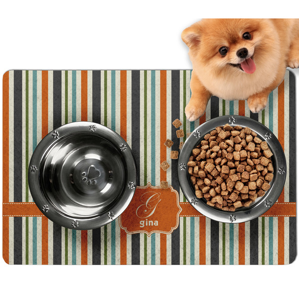 Custom Orange & Blue Stripes Dog Food Mat - Small w/ Name and Initial