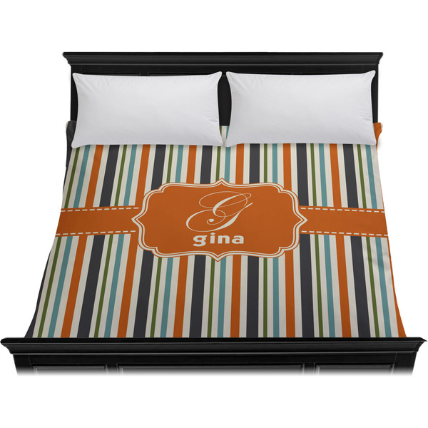 Orange & Blue Stripes Duvet Cover - King - On Bed - No Prop