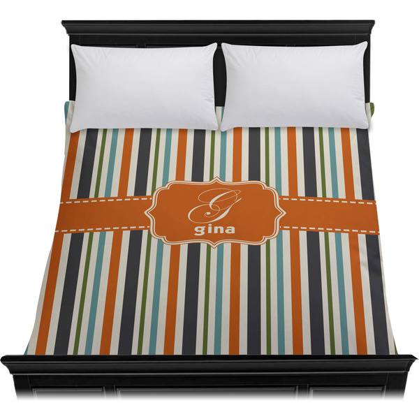Orange & Blue Stripes Duvet Cover - Queen - On Bed - No Prop