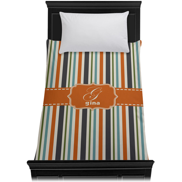 Orange & Blue Stripes Duvet Cover - Twin - On Bed - No Prop