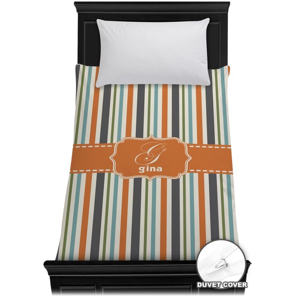 Custom Orange & Blue Stripes Duvet Cover - Twin (Personalized)