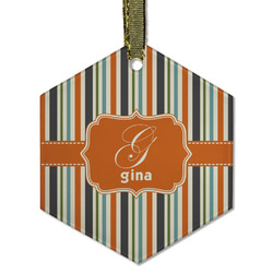 Orange & Blue Stripes Flat Glass Ornament - Hexagon w/ Name and Initial