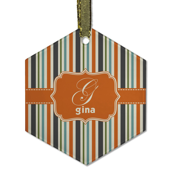 Custom Orange & Blue Stripes Flat Glass Ornament - Hexagon w/ Name and Initial