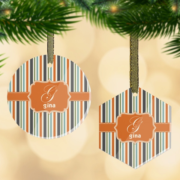 Custom Orange & Blue Stripes Flat Glass Ornament w/ Name and Initial