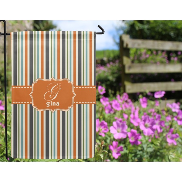 Orange & Blue Stripes Garden Flag - Outside In Flowers
