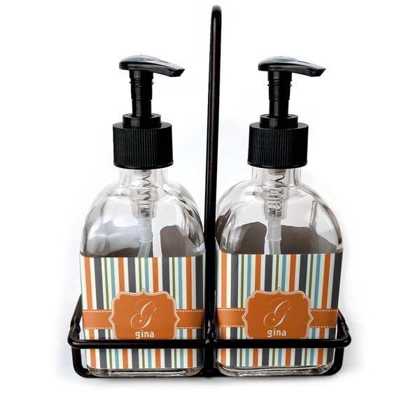 Custom Orange & Blue Stripes Glass Soap & Lotion Bottle Set (Personalized)