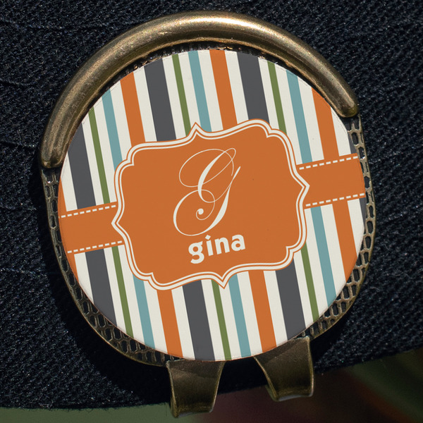 Orange & Blue Stripes Golf Ball Marker Hat Clip - Gold - Close Up