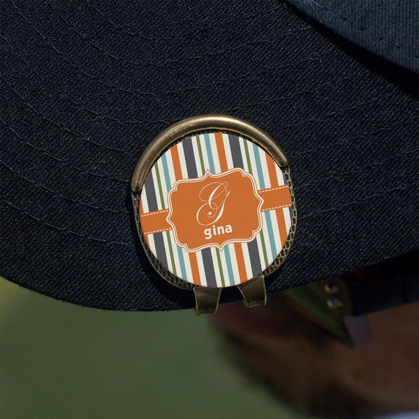 Orange & Blue Stripes Golf Ball Marker Hat Clip - Gold - On Hat