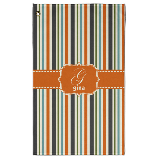 Custom Orange & Blue Stripes Golf Towel - Poly-Cotton Blend - Large w/ Name and Initial