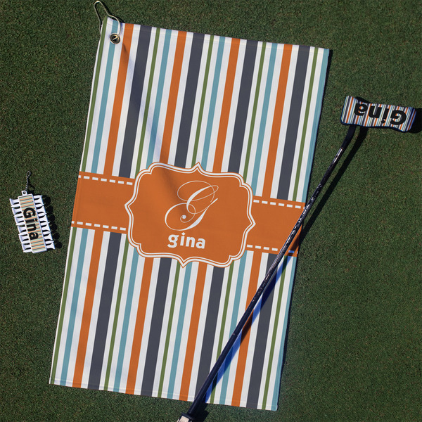 Custom Orange & Blue Stripes Golf Towel Gift Set (Personalized)