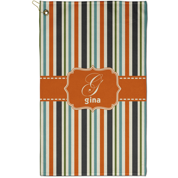 Custom Orange & Blue Stripes Golf Towel - Poly-Cotton Blend - Small w/ Name and Initial