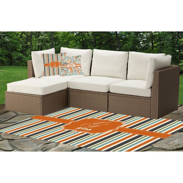 Custom Orange & Blue Stripes Indoor / Outdoor Rug - Custom Size w/ Name and Initial