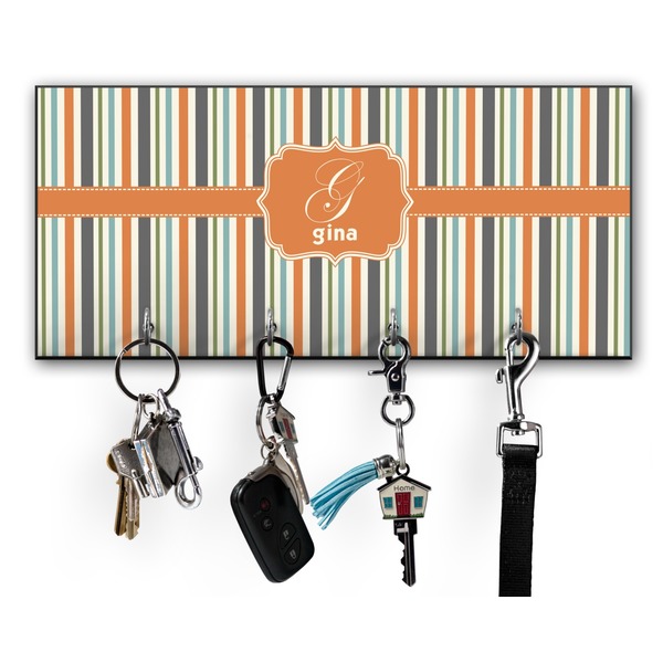 Custom Orange & Blue Stripes Key Hanger w/ 4 Hooks w/ Name and Initial