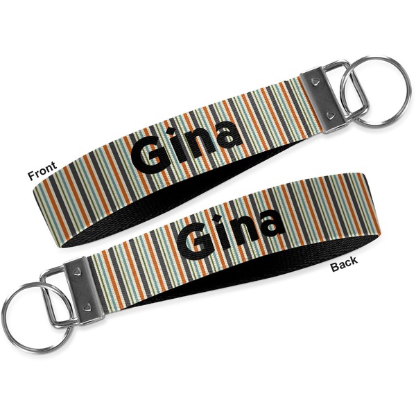 Orange & Blue Stripes Key-chain - Metal and Nylon - Front and Back
