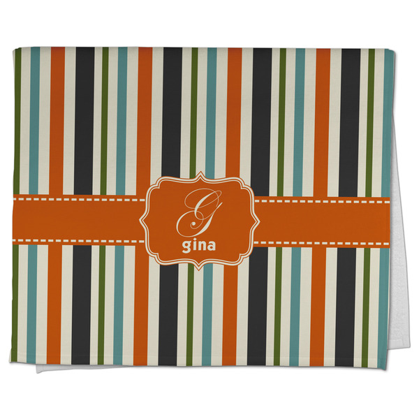 Custom Orange & Blue Stripes Kitchen Towel - Poly Cotton w/ Name and Initial