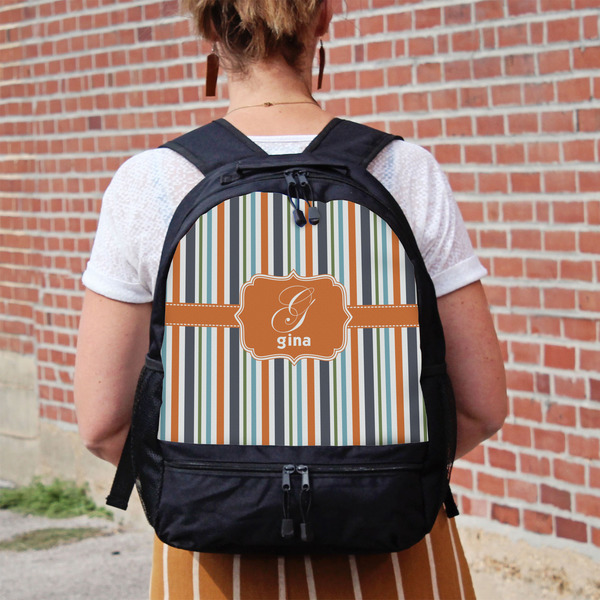 Orange & Blue Stripes Large Backpack - Black - On Back