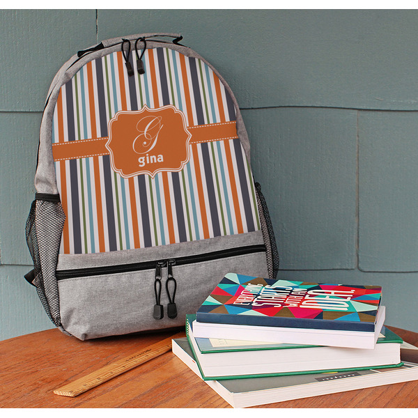 Orange & Blue Stripes Large Backpack - Gray - On Desk