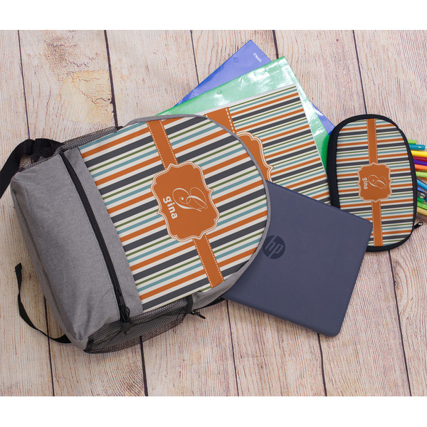 Orange & Blue Stripes Large Backpack - Gray - With Stuff