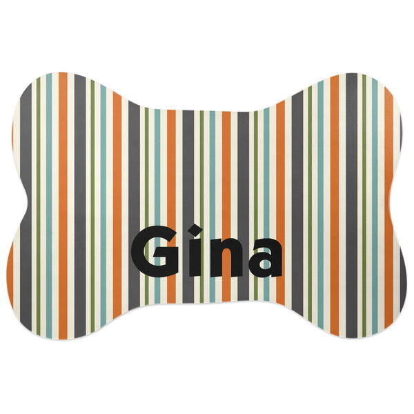 Custom Orange & Blue Stripes Bone Shaped Dog Food Mat (Large) (Personalized)
