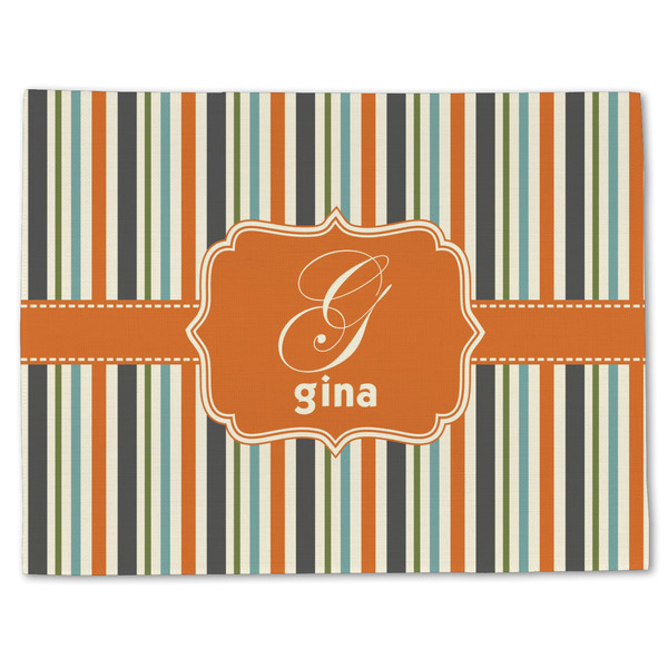 Custom Orange & Blue Stripes Single-Sided Linen Placemat - Single w/ Name and Initial