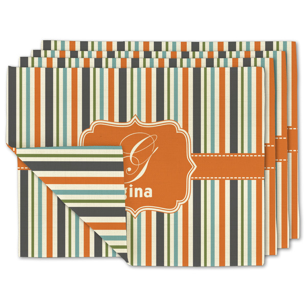 Custom Orange & Blue Stripes Double-Sided Linen Placemat - Set of 4 w/ Name and Initial