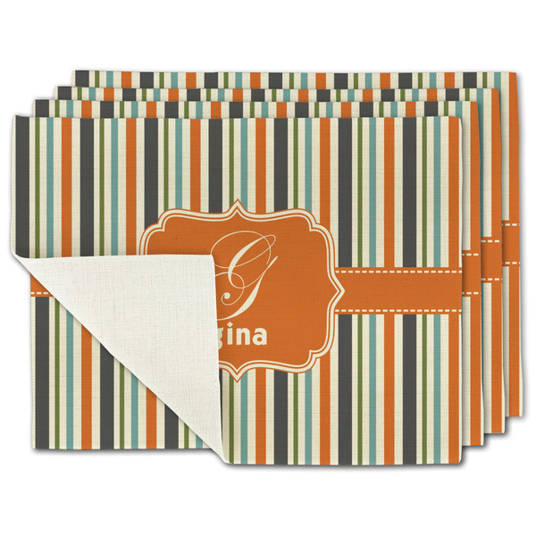 Custom Orange & Blue Stripes Single-Sided Linen Placemat - Set of 4 w/ Name and Initial