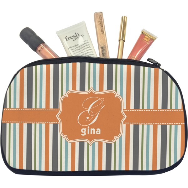 Custom Orange & Blue Stripes Makeup / Cosmetic Bag - Medium (Personalized)