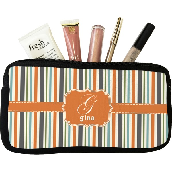 Custom Orange & Blue Stripes Makeup / Cosmetic Bag - Small (Personalized)