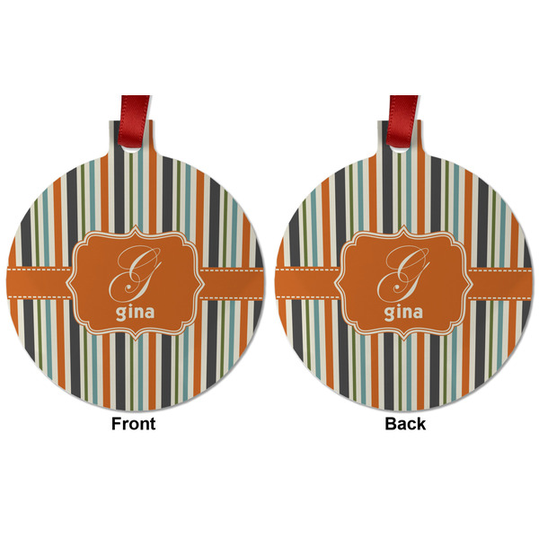 Orange & Blue Stripes Metal Ball Ornament - Front and Back