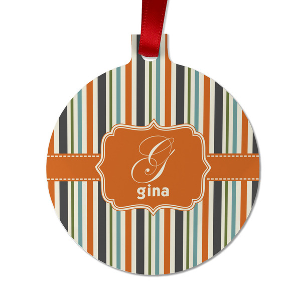 Custom Orange & Blue Stripes Metal Ball Ornament - Double Sided w/ Name and Initial