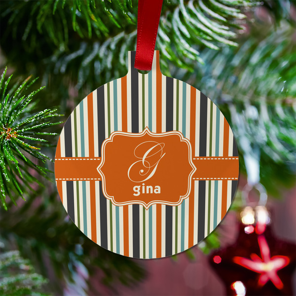Orange & Blue Stripes Metal Ball Ornament - Lifestyle
