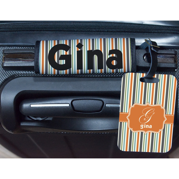 Orange & Blue Stripes Metal Luggage Tag & Handle Wrap - In Context