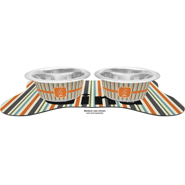 Orange & Blue Stripes Metal Pet Bowls - On Dog Bone Shaped Mat