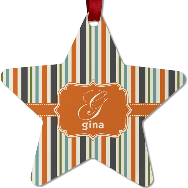 Custom Orange & Blue Stripes Metal Star Ornament - Double Sided w/ Name and Initial