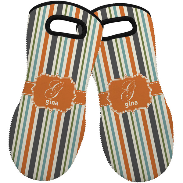 Orange & Blue Stripes Neoprene Oven Mitt -Set of 2 - Front