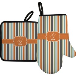 Orange & Blue Stripes Oven Mitt & Pot Holder Set w/ Name and Initial