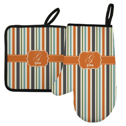 Orange & Blue Stripes Left Oven Mitt & Pot Holder Set w/ Name and Initial