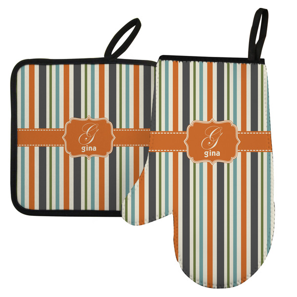 Custom Orange & Blue Stripes Left Oven Mitt & Pot Holder Set w/ Name and Initial
