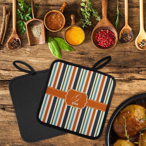 Orange & Blue Stripes Neoprene Pot Holder - Set of 2  LIFESTYLE (Flatlay)