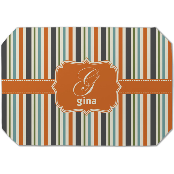 Custom Orange & Blue Stripes Dining Table Mat - Octagon (Single-Sided) w/ Name and Initial