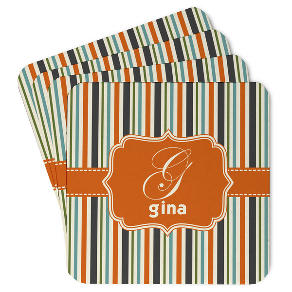 Custom Orange & Blue Stripes Paper Coasters w/ Name and Initial