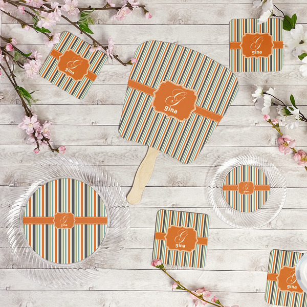 Orange & Blue Stripes Party Supplies Combination Image - All items - Plates, Coasters, Fans