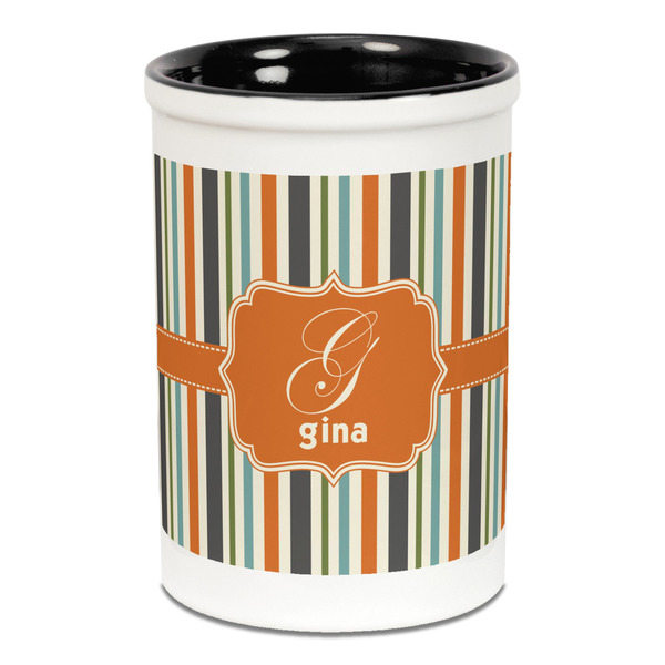 Custom Orange & Blue Stripes Ceramic Pencil Holders - Black