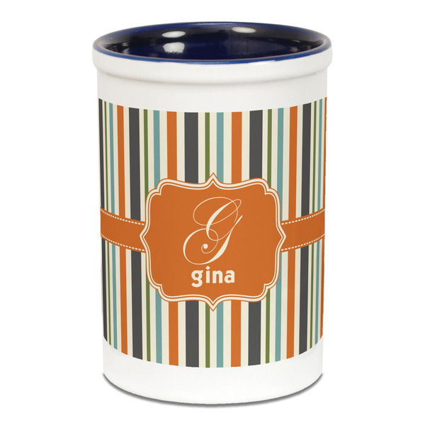 Custom Orange & Blue Stripes Ceramic Pencil Holders - Blue
