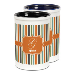 Orange & Blue Stripes Ceramic Pencil Holder - Large