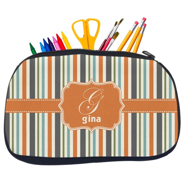 Custom Orange & Blue Stripes Neoprene Pencil Case - Medium w/ Name and Initial
