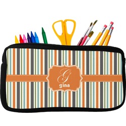 Orange & Blue Stripes Neoprene Pencil Case - Small w/ Name and Initial