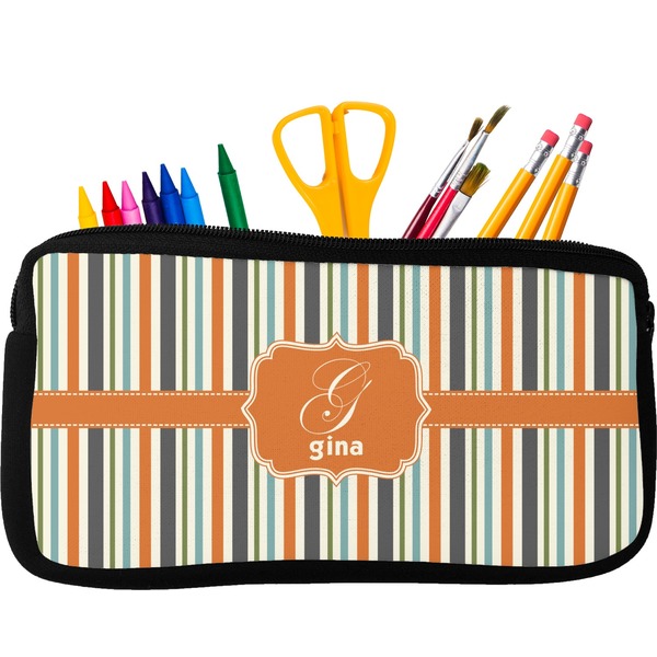Custom Orange & Blue Stripes Neoprene Pencil Case (Personalized)