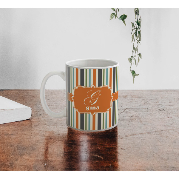 Orange & Blue Stripes Personalized Coffee Mug - Lifestyle
