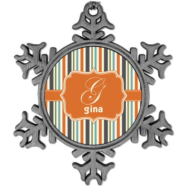 Custom Orange & Blue Stripes Vintage Snowflake Ornament (Personalized)